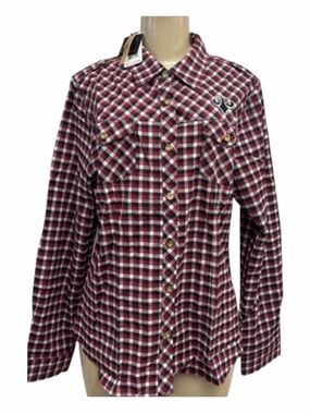 Plaid Button-Front Shirt Jacket - Burgundy Plaid 2XL